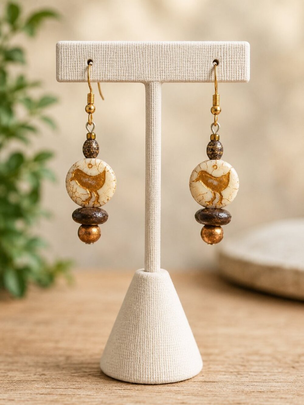 Czech Glass Bird Drop Earrings Cream Gold | Handmade - Picture 2 of 5